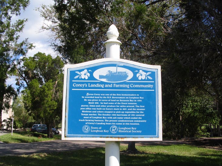 Corey's Landing and Farming Community Interpretive Plaque, Gulf of Mexico Drive, Longboat Key, Florida