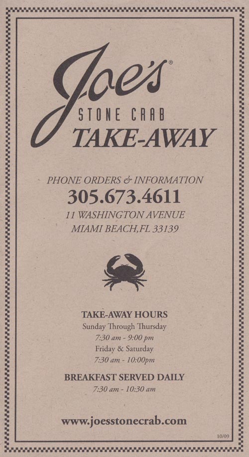 Take-Away Menu, Joe's Stone Crab, 11 Washington Avenue, South Beach, Miami, Florida