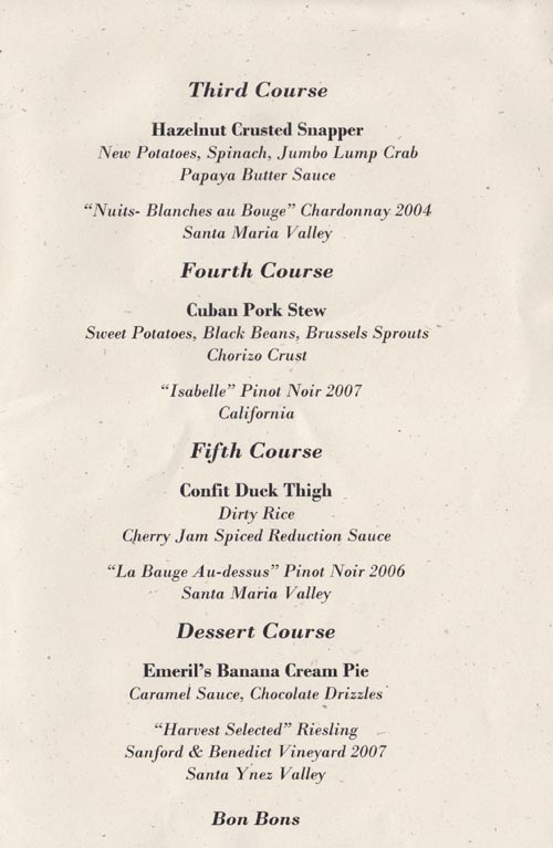 Au Bon Climat Menu, Emeril's Miami Beach, Loews Miami Beach Hotel, 1601 Collins Avenue, South Beach, Miami, Florida, February 24, 2010