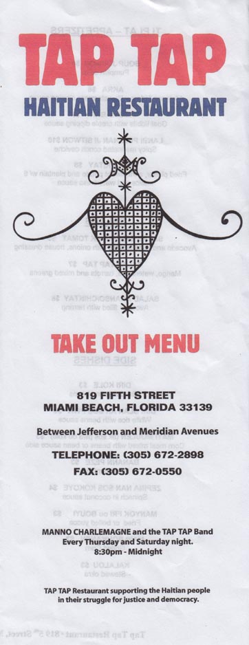 Take Out Menu, Tap Tap Haitian Restaurant, 819 5th Street, South Beach, Miami, Florida