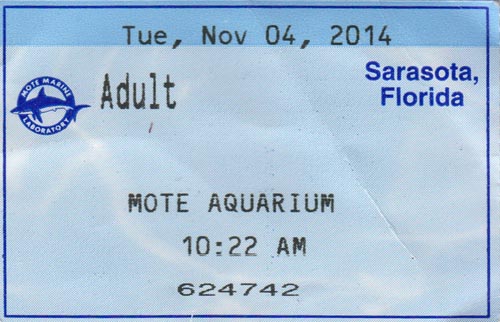 Ticket, Mote Marine Laboratory & Aquarium, Sarasota, Florida, November 4, 2014
