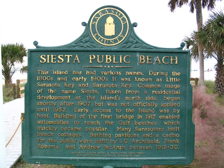 Historical Plaque, Siesta Public Beach, Siesta Key, Florida