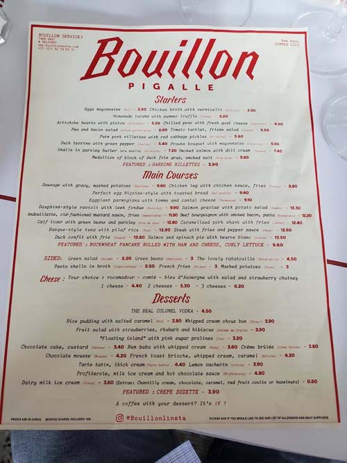 Menu, Bouillon Pigalle, Paris, France, July 15, 2025