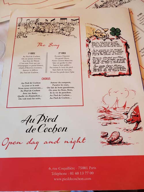 Menu, Au Pied de Cochon, 6 Rue Coquillière, 1er Arrondissement, Paris, France, July 17, 2025