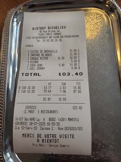 Check, Bistrot Richelieu, 45 Rue de Richelieu, 1er Arrondissement, Paris, France, July 18, 2025