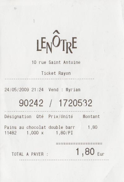 Receipt, Lenôtre Boutique de Bastille, 10, Rue Saint Antoine, 4e Arrondissement, Paris, France