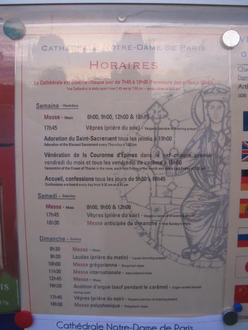 Horaires (Hours), Cathédrale Notre-Dame de Paris, 6 Parvis Notre-Dame-Place Jean-Paul II, 4e Arrondissement, Paris, France, May 23, 2009