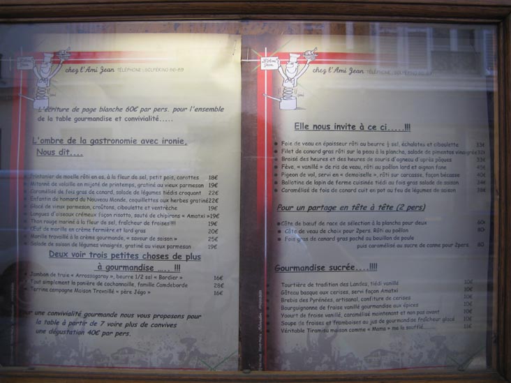 Menu, Chez L'Ami Jean, 27, Rue Malar, 7e Arrondissement, Paris, France