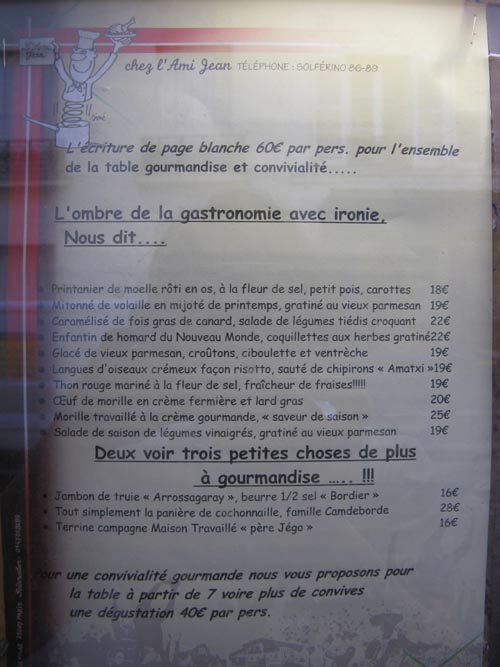 Menu, Chez L'Ami Jean, 27, Rue Malar, 7e Arrondissement, Paris, France