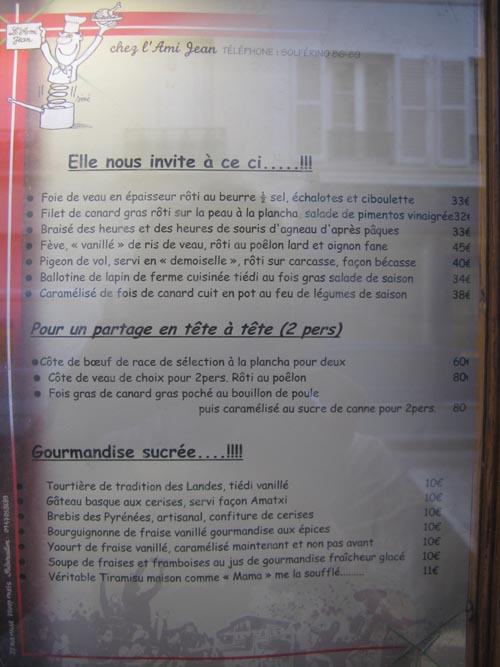 Menu, Chez L'Ami Jean, 27, Rue Malar, 7e Arrondissement, Paris, France