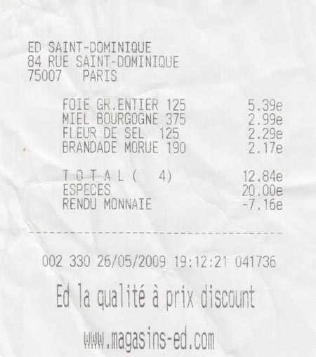 Receipt, Ed, 84, Rue Saint-Dominique, 7e Arrondissement, Paris, France