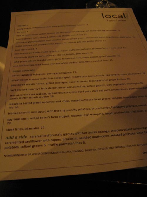 Menu, Local 11 Ten, 1110 Bull Street, Savannah, Georgia