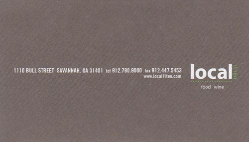 Business Card, Local 11 Ten, 1110 Bull Street, Savannah, Georgia