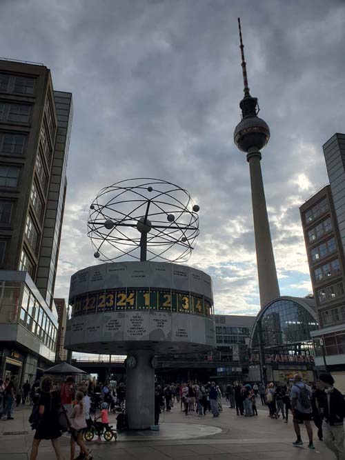 World Clock and Fernsehturm Television Tower, Alexanderplatz, Berlin, Germany, July 30, 2025