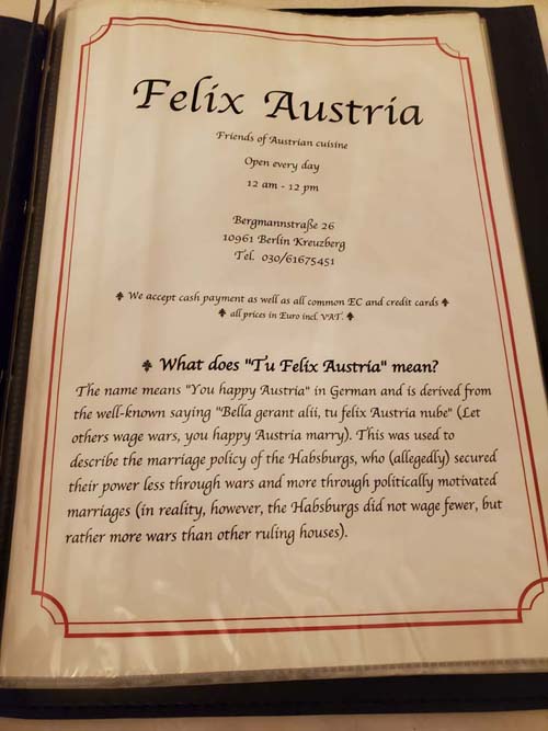 Menu, Felix Austria, Berlin, Germany, July 31, 2025
