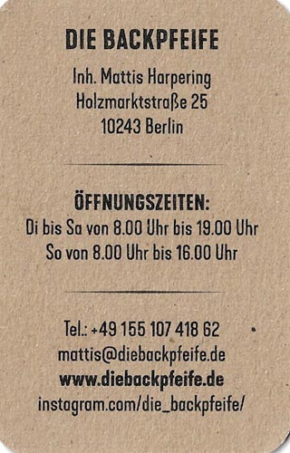 Business Card, Die Backpfeife, Holzmarktstraße 25, Berlin, Germany