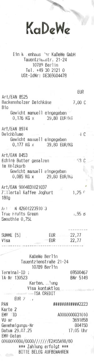 Receipt, KaDeWe, Berlin, Germany, July 29, 2025