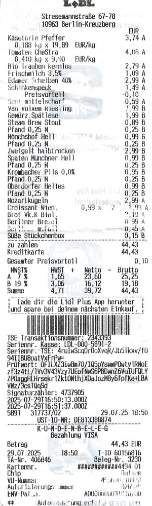 Receipt, Lidl, Stresemannstraße 72-78, Berlin, Germany, July 29, 2025