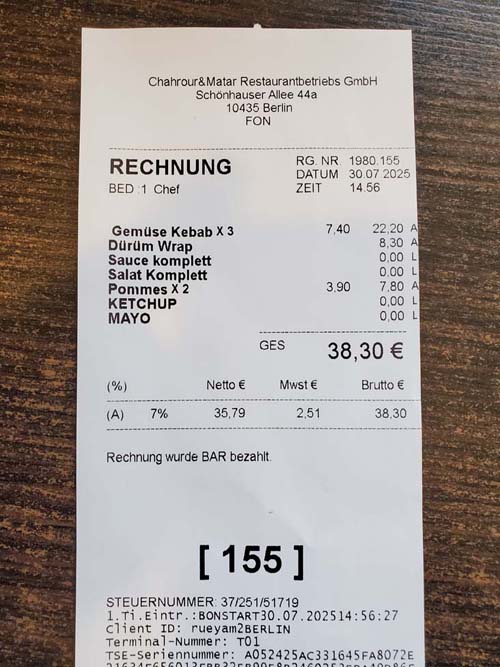 Check, Rüyam Gemüse Kebab 2, Berlin, Germany, July 30, 2025