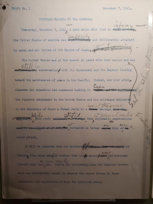 Pearl Harbor Message to Congress Draft, Franklin D. Roosevelt Presidential Library and Museum, Home of Franklin D. Roosevelt National Historic Site, Hyde Park, New York, October 16, 2022