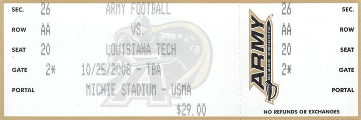 Ticket, Army vs. Louisiana Tech, Michie Stadium, United States Military Academy at West Point, New York, October 25, 2008