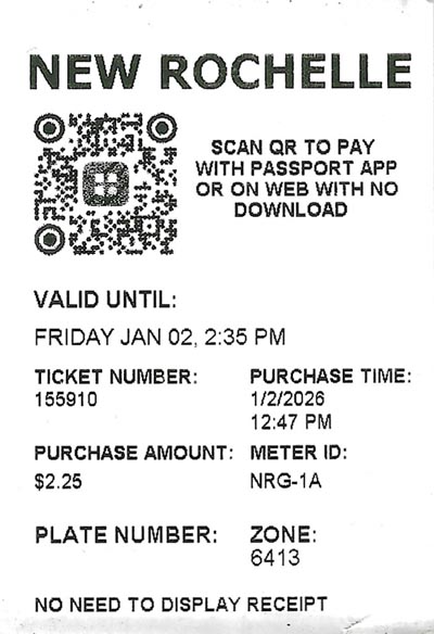 Parking Receipt, New Rochelle Center, New Rochelle, New York, January 2, 2026