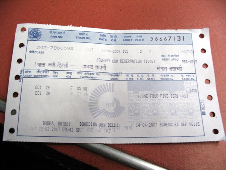 Ticket, Delhi-Agra Shatabdi Express, India