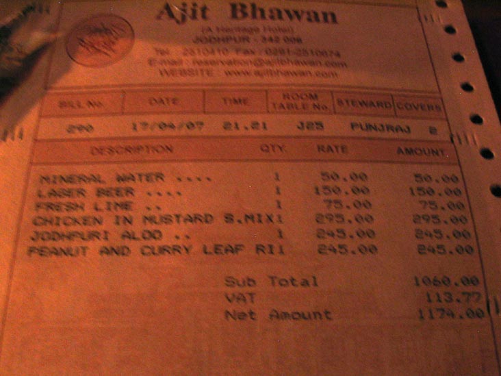 Bill, Garden Restaurant, Ajit Bhawan, Airport Road, Jodhpur, Rajasthan, India