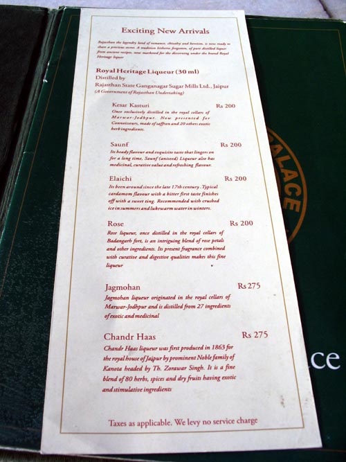 Menu, Sunset Terrace, Udaipur, Rajasthan, India