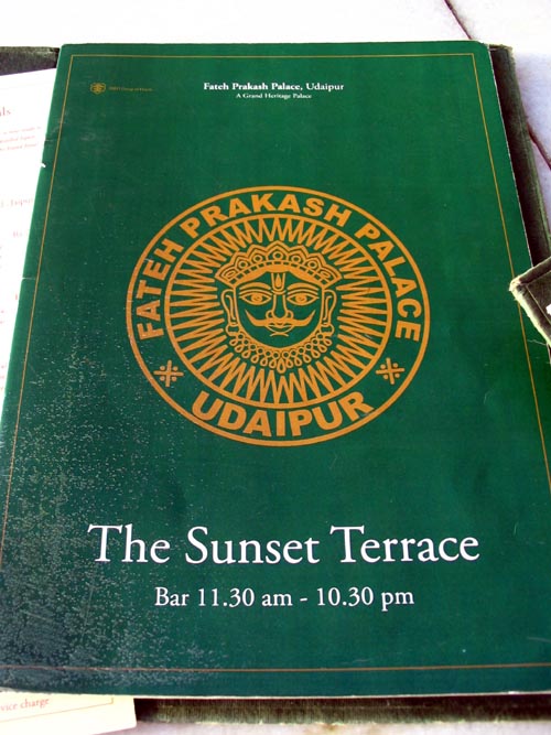 Menu, Sunset Terrace, Udaipur, Rajasthan, India
