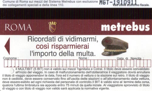 Ticket, Rome Metro (MetroRoma), Rome, Lazio, Italy