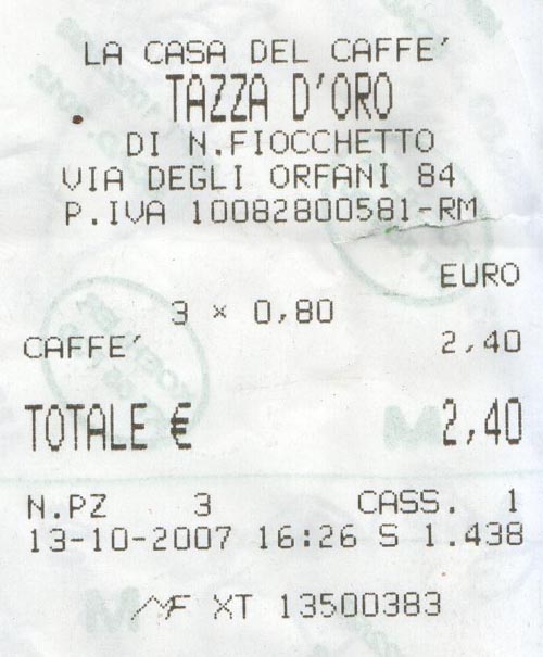 Caffe Receipt, Tazza d'Oro, Via degli Orfani, 84, Rome, Lazio, Italy