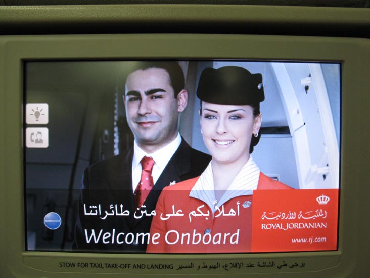 Welcome Onboard Message, In-Flight Entertainment Touch Screen, Royal Jordanian Airlines Flight 262 From New York City-JFK To Amman, Jordan, December 28, 2010