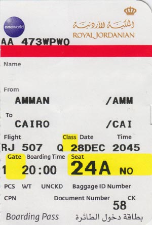 Ticket, Royal Jordanian Airlines Flight 507 From Amman, Jordan To Cairo, Egypt, December 28, 2010