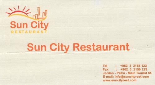 Business Card, Sun City Restaurant, Wadi Musa, Jordan