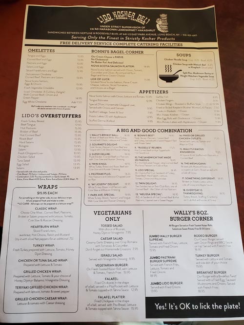 Menu, Lido Kosher Deli, Long Beach, New York, December 12, 2021