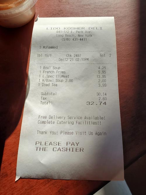 Check, Lido Kosher Deli, Long Beach, New York, December 12, 2021