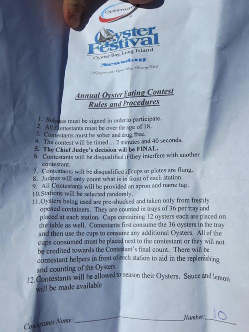 Oyster Eating Contest Rules and Procedures, Oyster Festival, Oyster Bay, New York, October 13, 2012