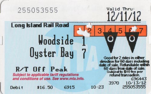 Woodside-Oyster Bay L.I.R.R. Ticket