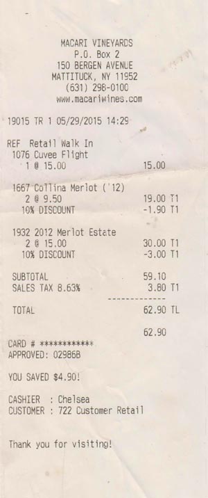Receipt, Macari Vineyards, 150 Bergen Avenue, Mattituck, New York, May 29, 2015