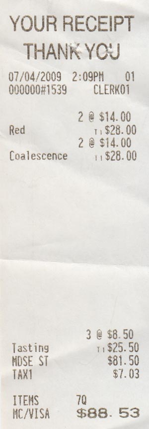 Receipt, Shinn Estate Vineyards, 2000 Oregon Road, Mattituck, New York, July 4, 2009
