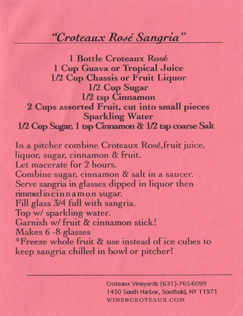 Sangria Recipe, Croteaux Vineyards, 1450 South Harbor Road, Southold, New York