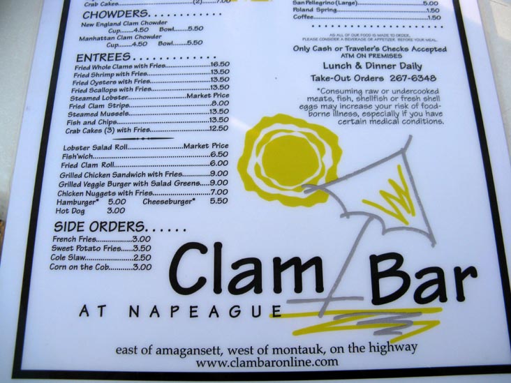 Menu, Clam Bar at Napeague, Montauk Highway (Route 27) Between Amagansett and Montauk, South Fork, Long Island, New York