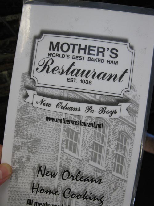 Menu, Mother's Restaurant, 401 Poydras Street, New Orleans, Louisiana