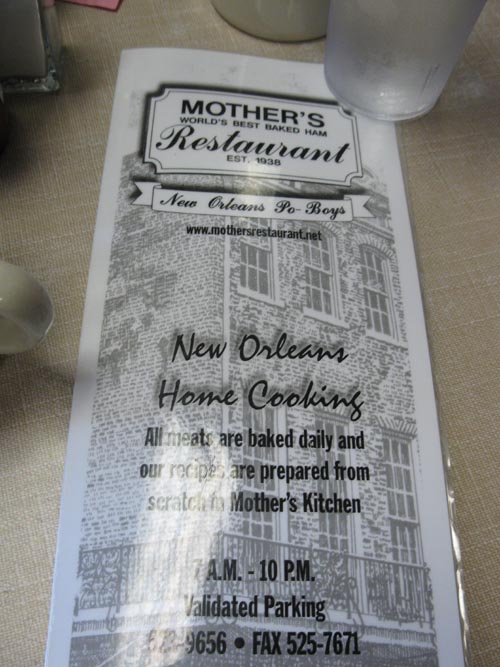 Menu, Mother's Restaurant, 401 Poydras Street, New Orleans, Louisiana