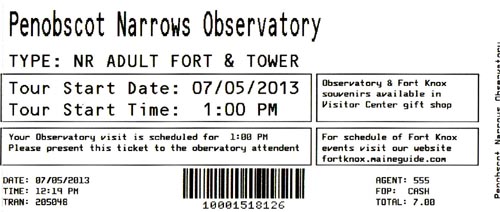 Ticket, Penobscot Narrows Bridge and Observatory, Prospect, Maine, July 5, 2013