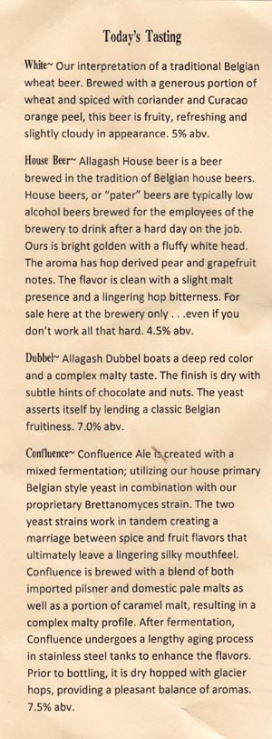 Allagash Brewing Company Tasting List