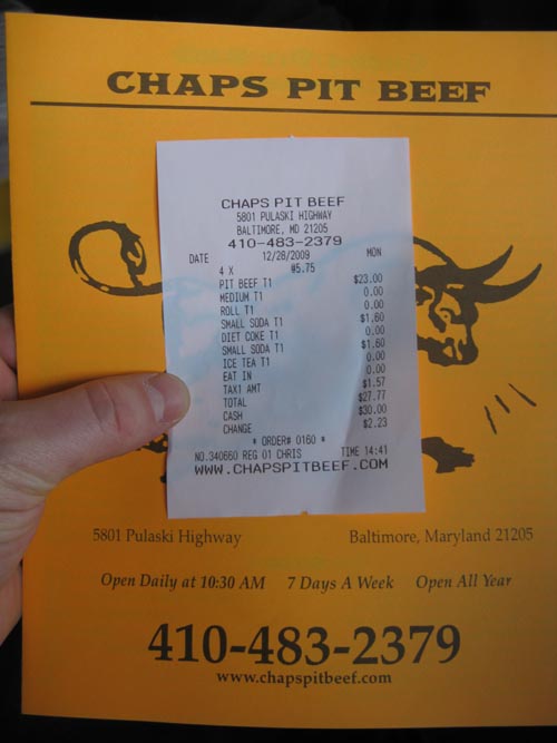 Receipt, Chaps Pit Beef, 5801 Pulaski Highway, Baltimore, Maryland, December 28, 2009