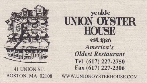 Business Card, Union Oyster House, 41 Union Street, Boston, Massachusetts