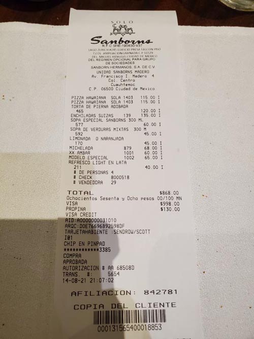 Check, Sanborn's, Casa de los Azulejos, Centro Histórico, Mexico City/Ciudad de México, Mexico, August 14, 2021